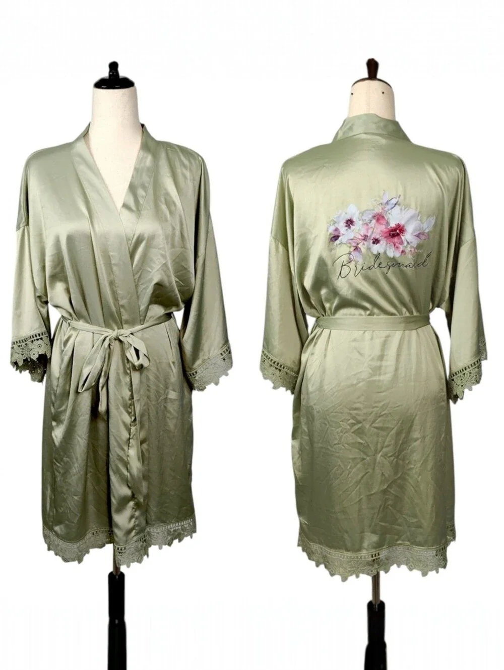Dusty Sage Satin Lace Bridesmaid Robe Floral Wedding Getting Ready Robe